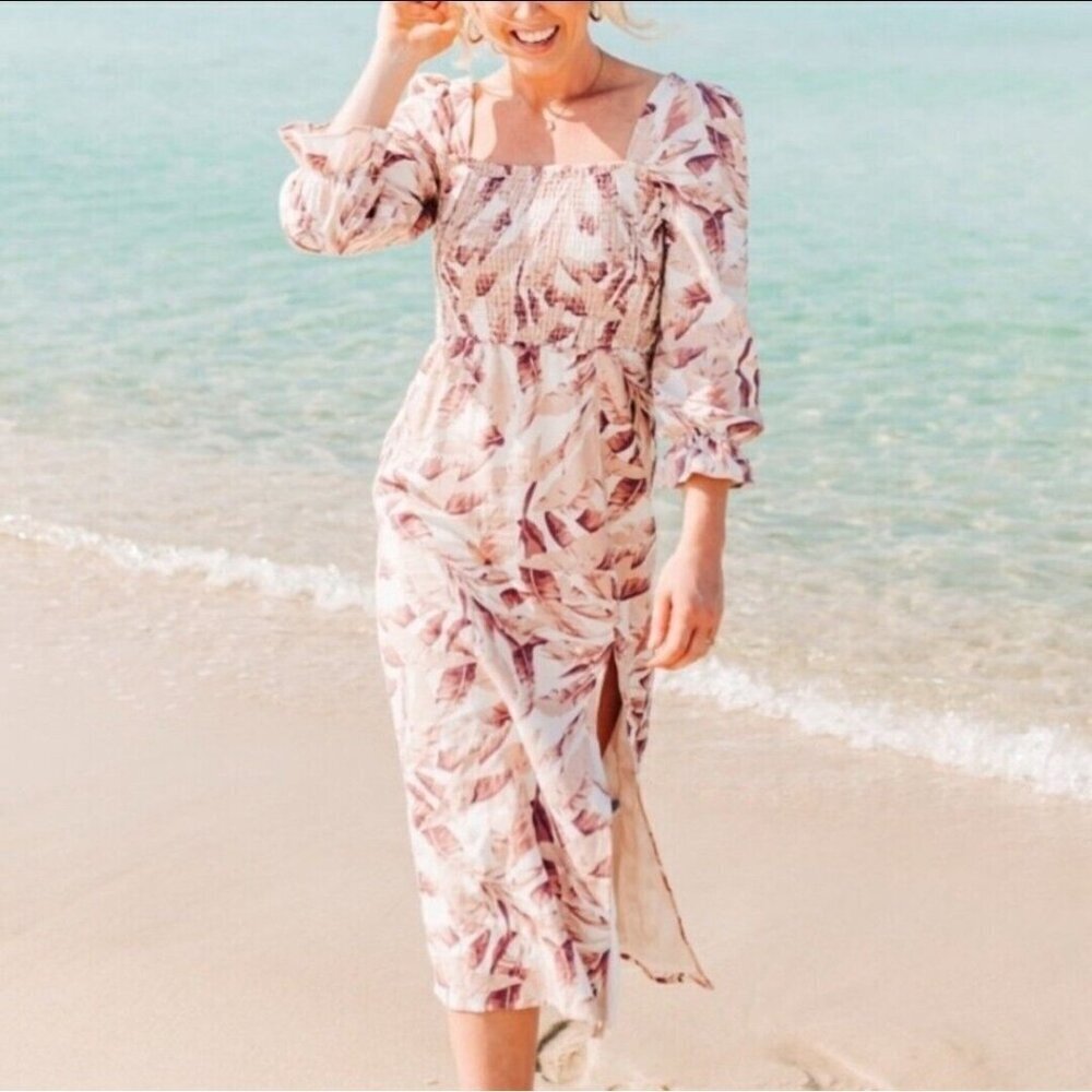 Smocked Square Neck Pink Floral Midi Dress